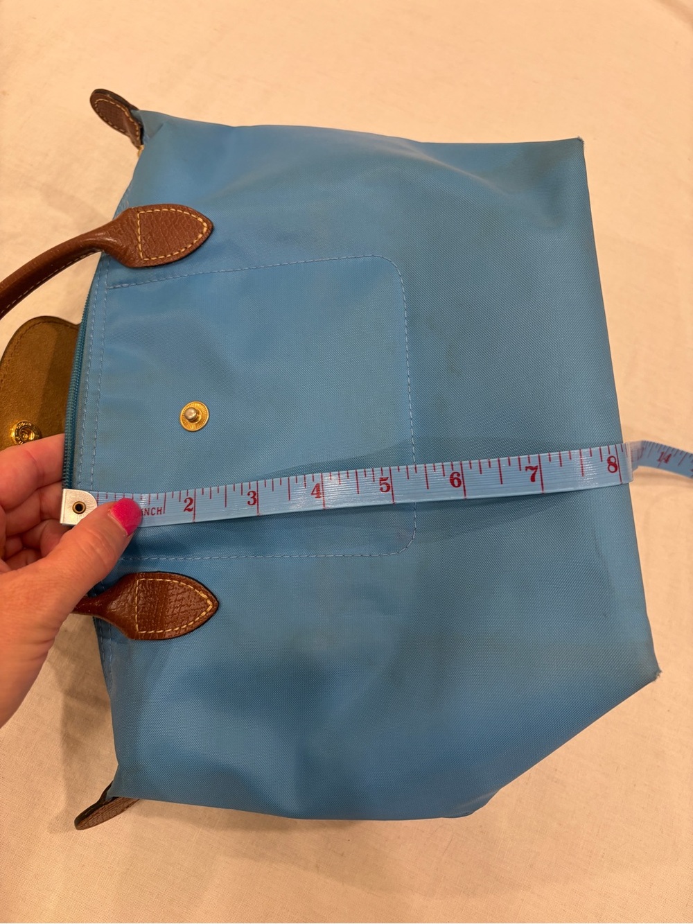 Longchamp Le Pliage S Blue Nylon Satchel with Brown Leather Trim - Picture 10 of 13